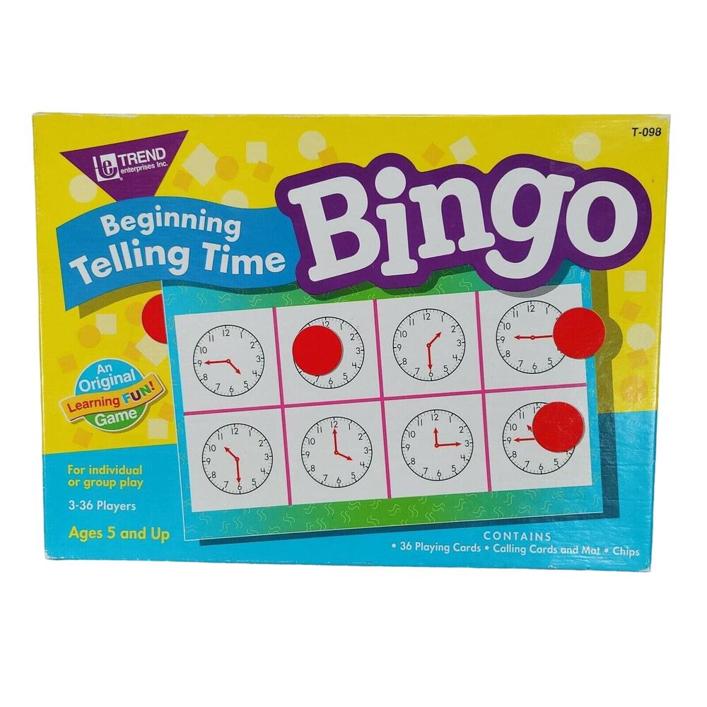 Telling Time Bingo Teacher Aid Home School Learning Game Age 5 and Up